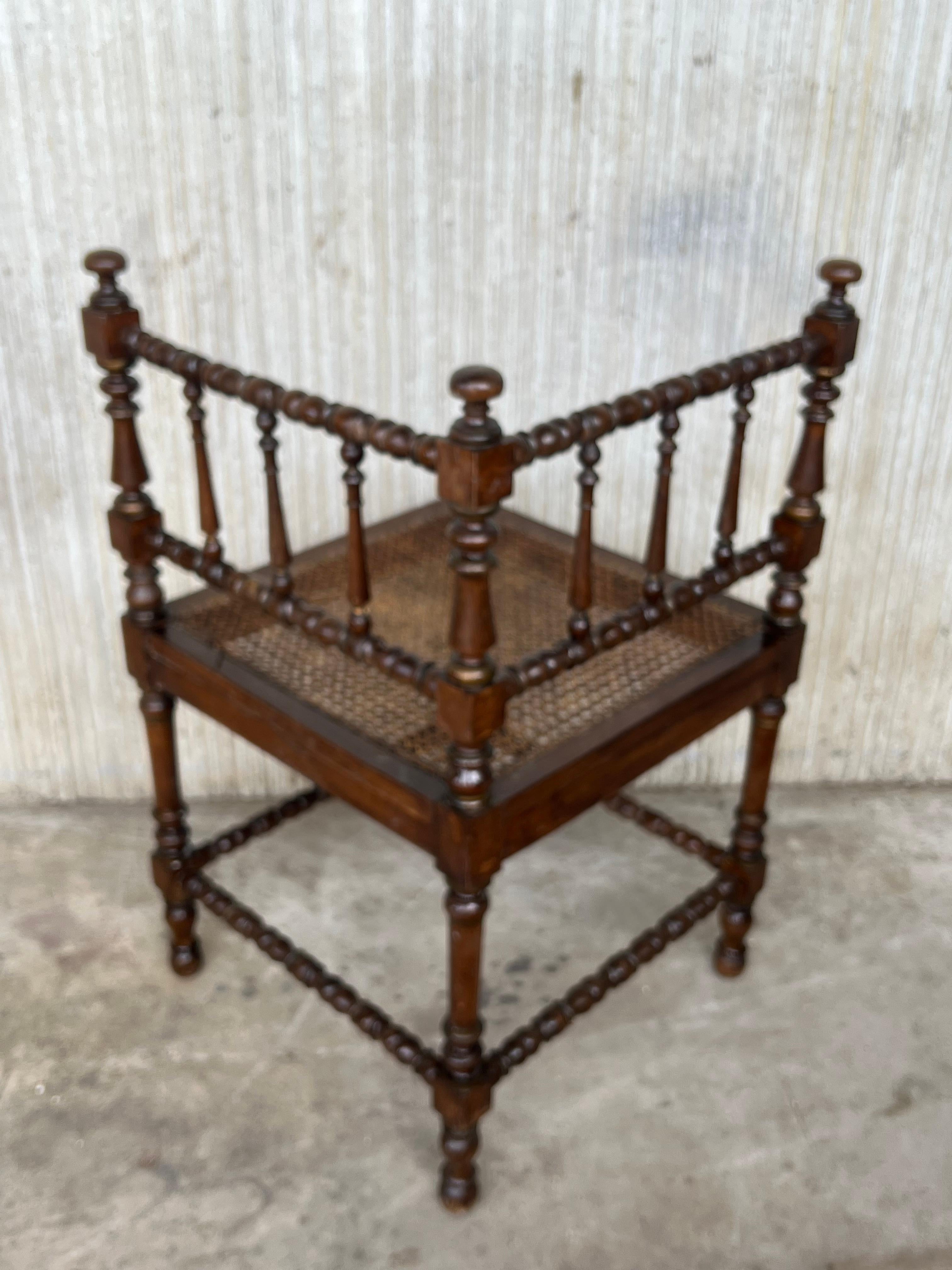 Pair of Spanish Corner Turned Armchairs Shaping a Bench with Cane Seat 3