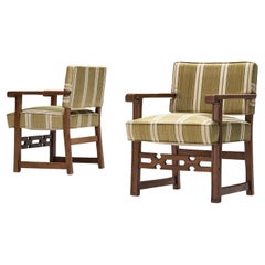 Spanish Pair of Dining Chairs in Olive Green Upholstery and Mahogany