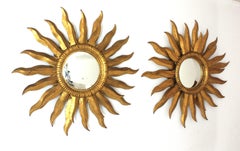 Pair of Spanish Double Layered Convex Sunburst Mirrors in Gilt Metal