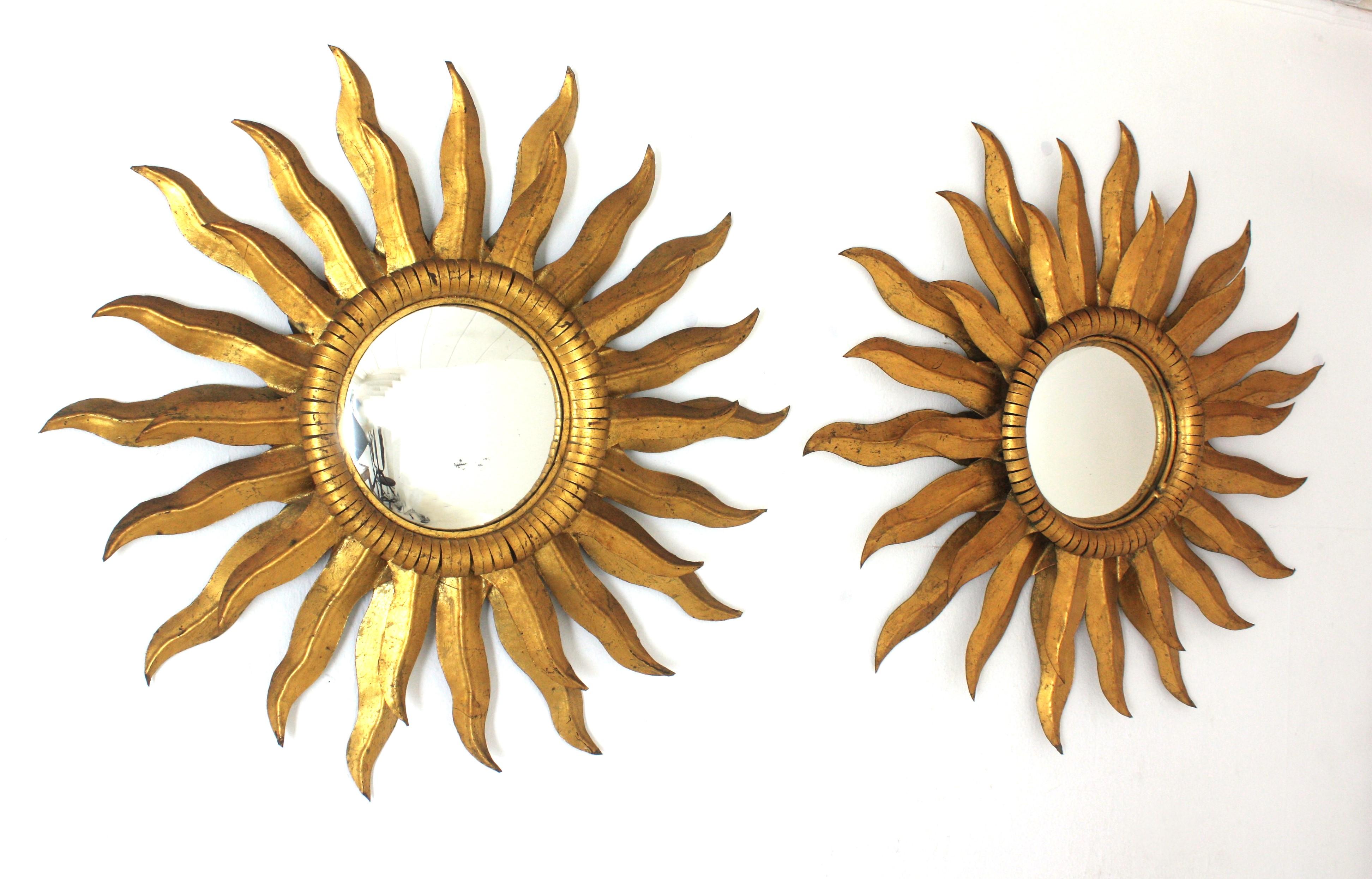 Hollywood Regency Pair of Spanish Double Layered Convex Sunburst Mirrors in Gilt Metal For Sale