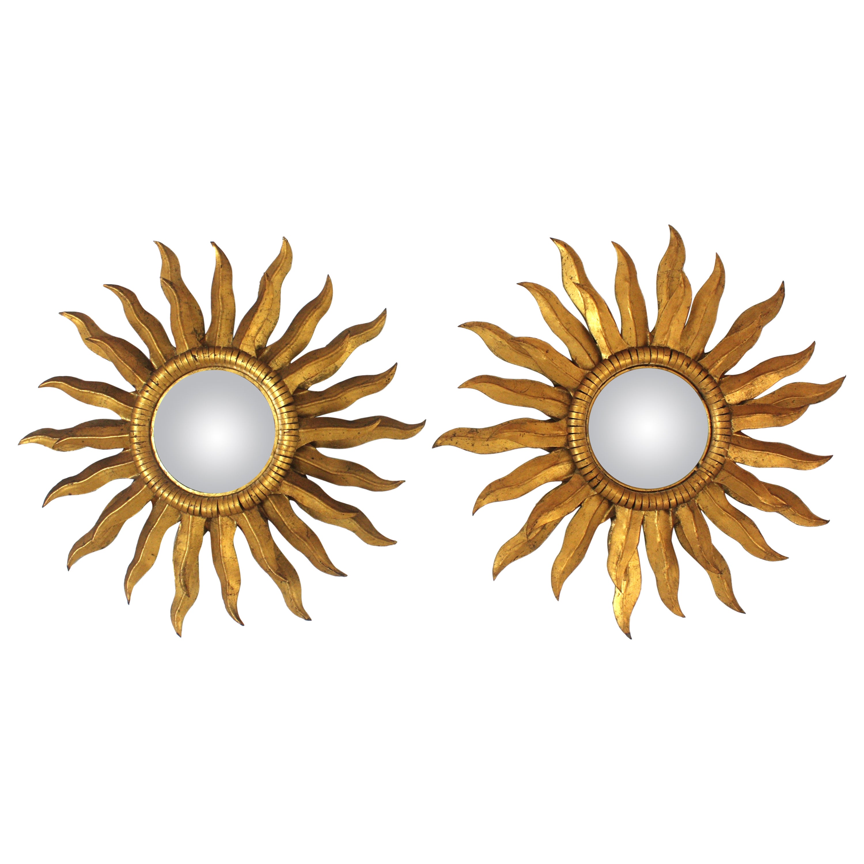 Pair of Spanish Double Layered Convex Sunburst Mirrors in Gilt Metal