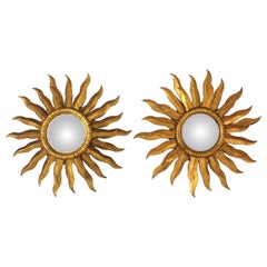 Pair of Spanish Double Layered Convex Sunburst Mirrors in Gilt Metal