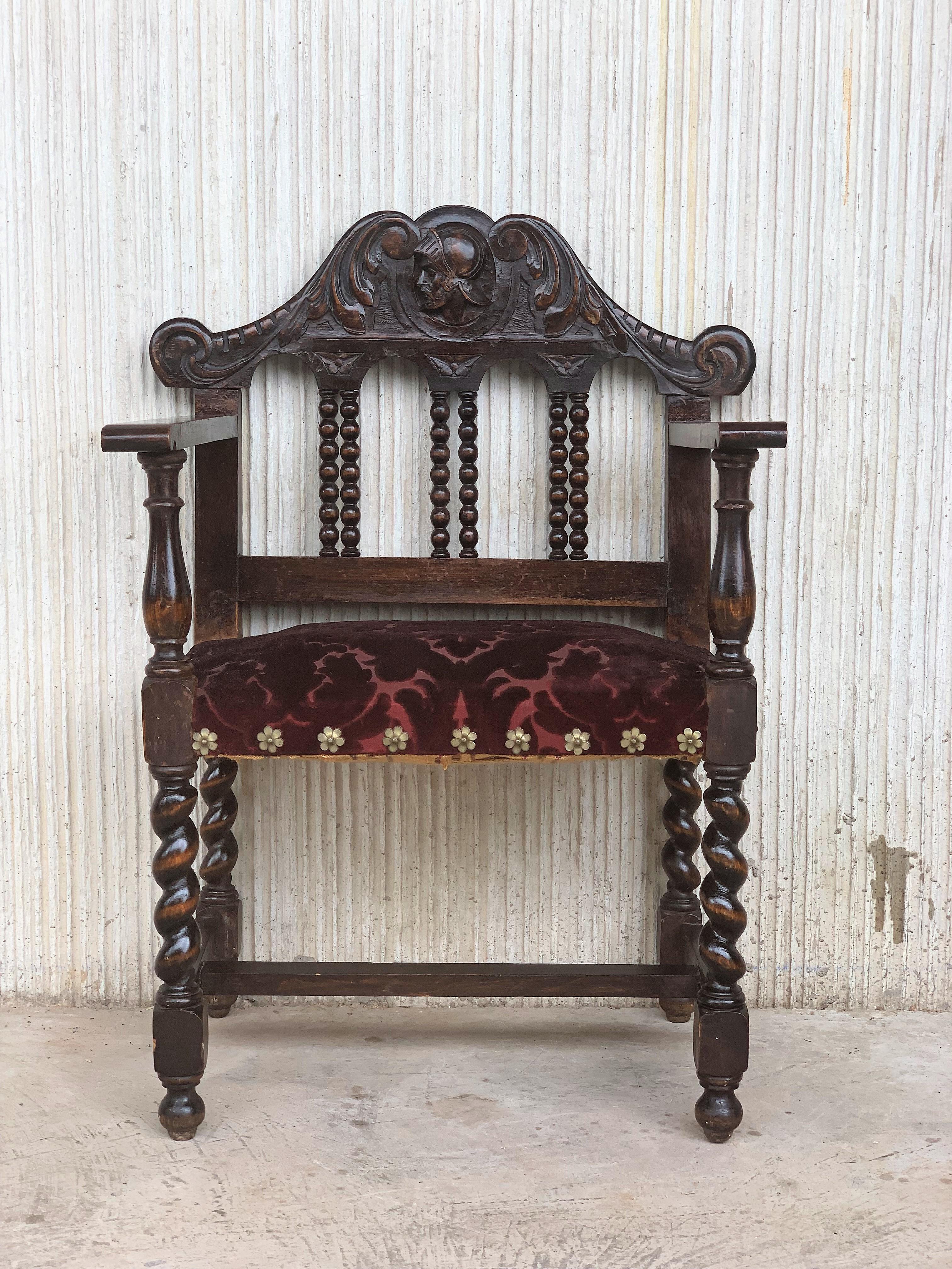 Pair of Spanish Early 18th Century Period Walnut and Upholstered Armchairs 9