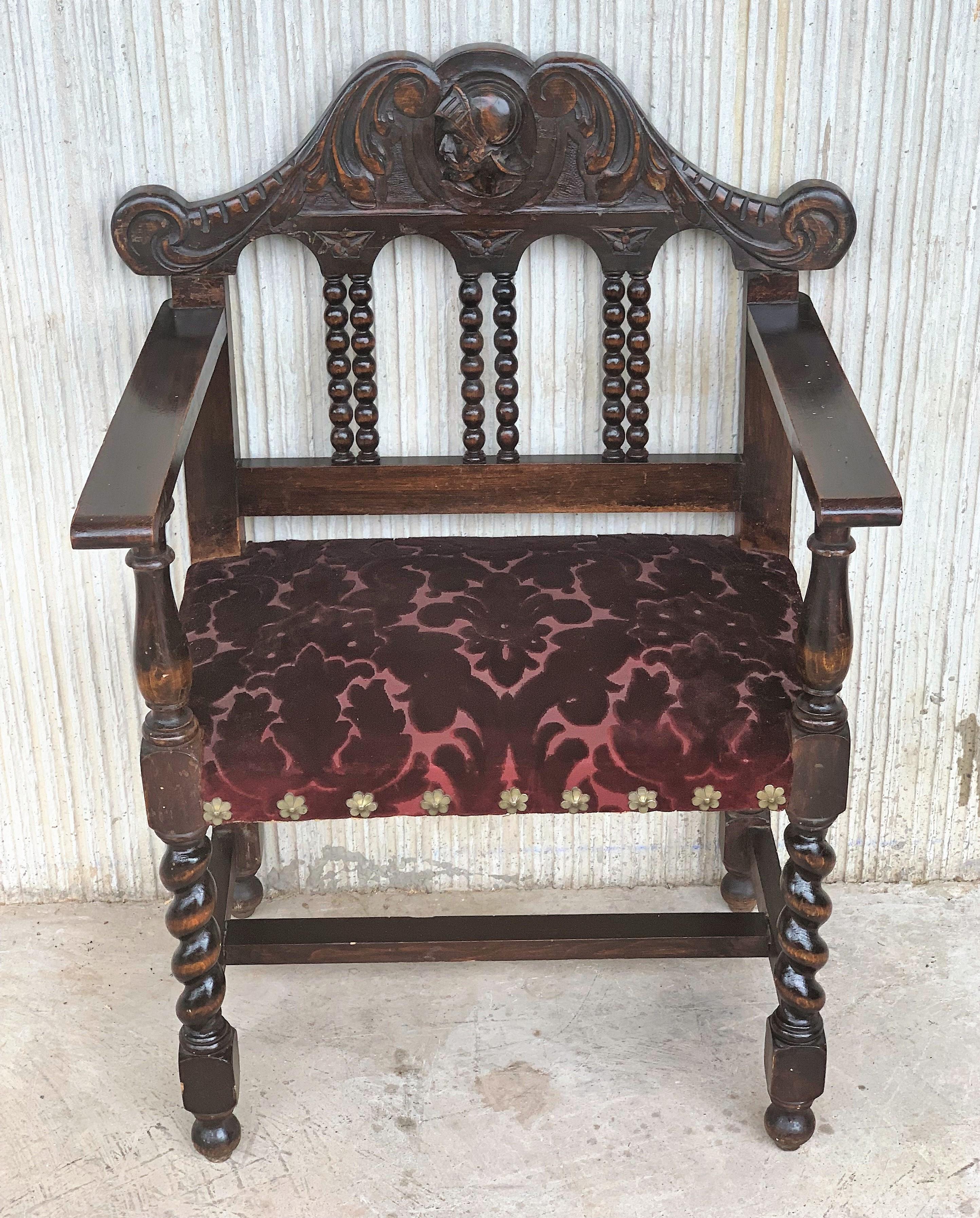 Baroque Pair of Spanish Early 18th Century Period Walnut and Upholstered Armchairs
