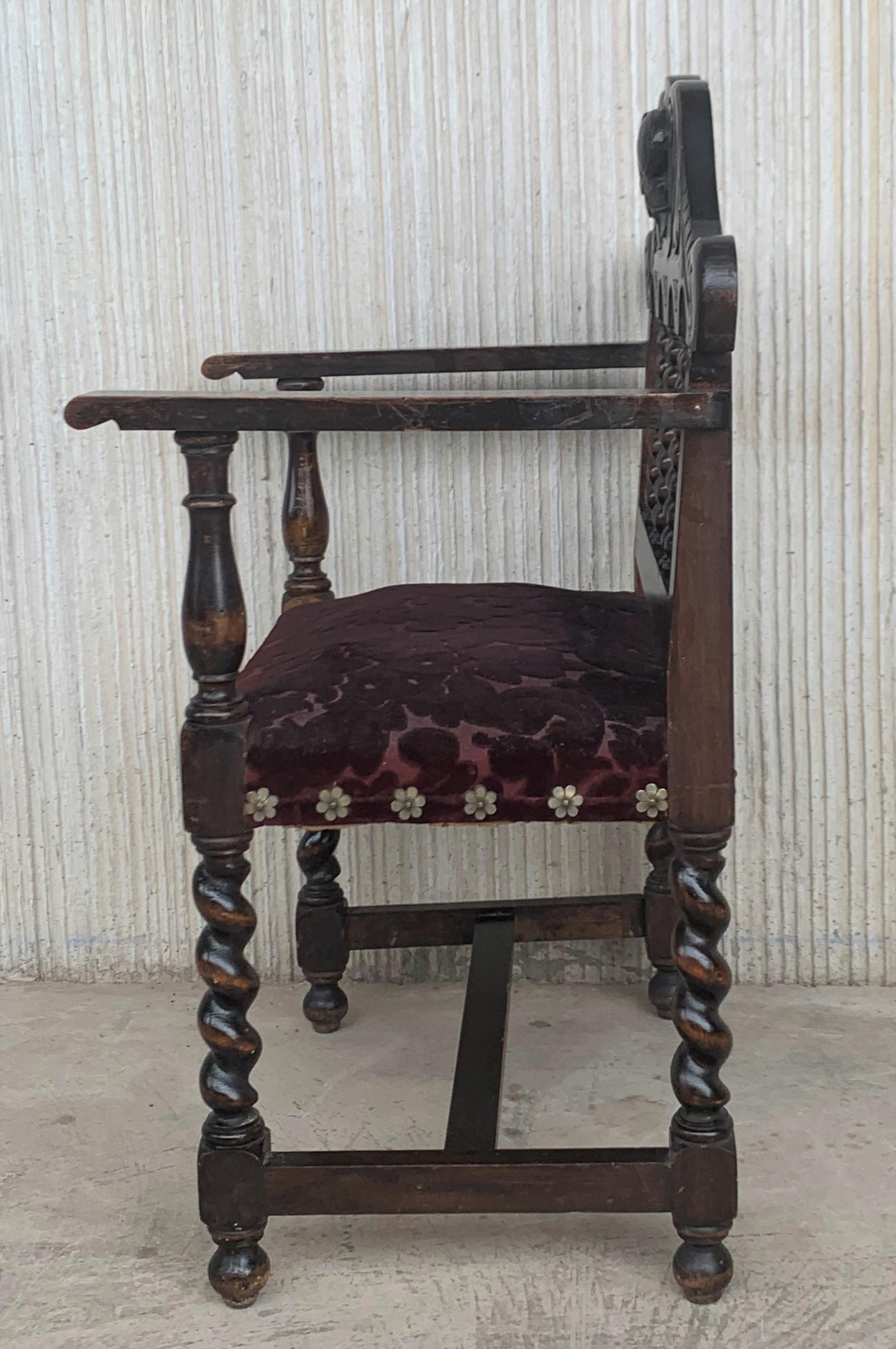 19th Century Pair of Spanish Early 18th Century Period Walnut and Upholstered Armchairs