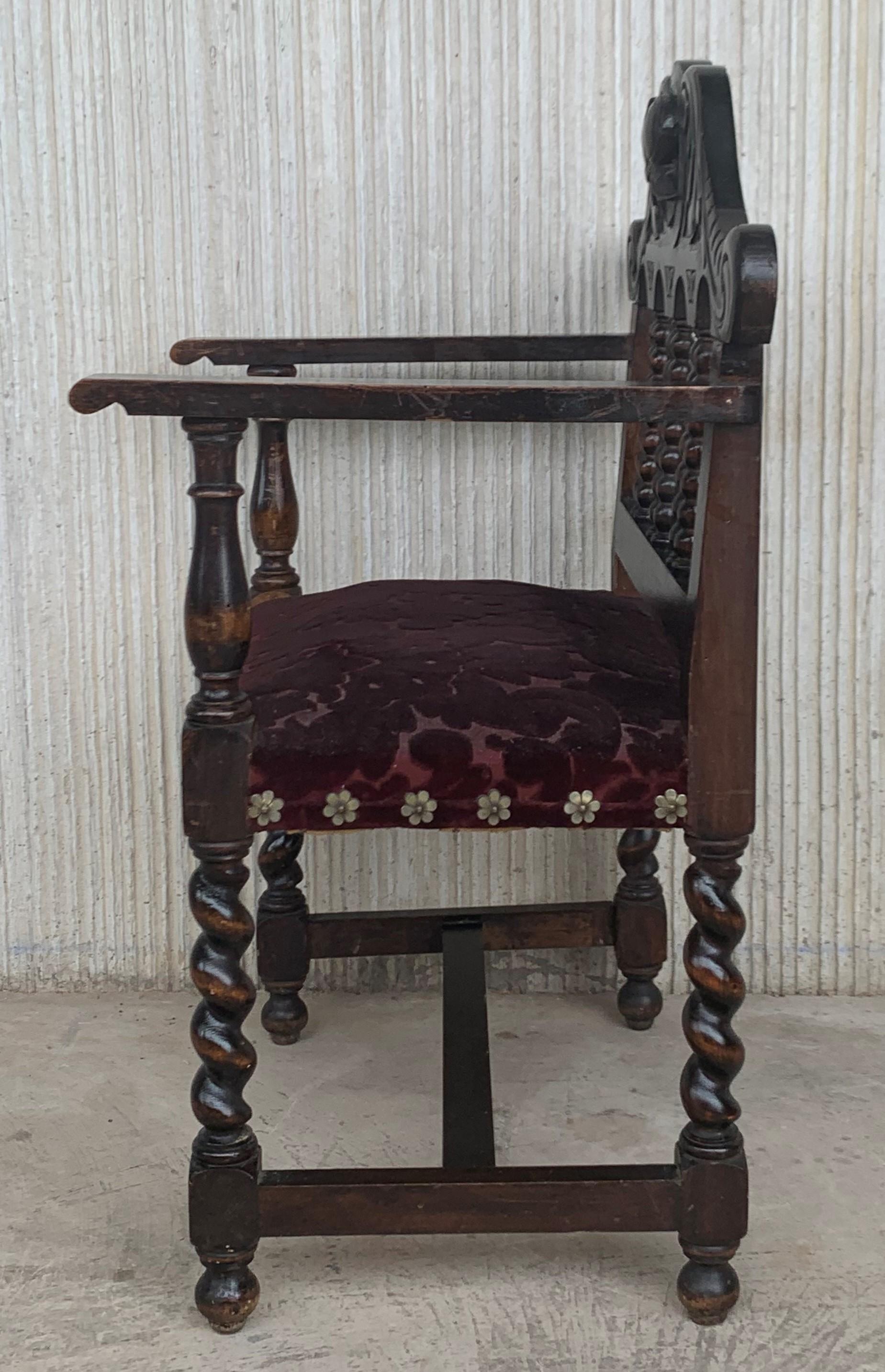 Pair of Spanish Early 18th Century Period Walnut and Upholstered Armchairs 1