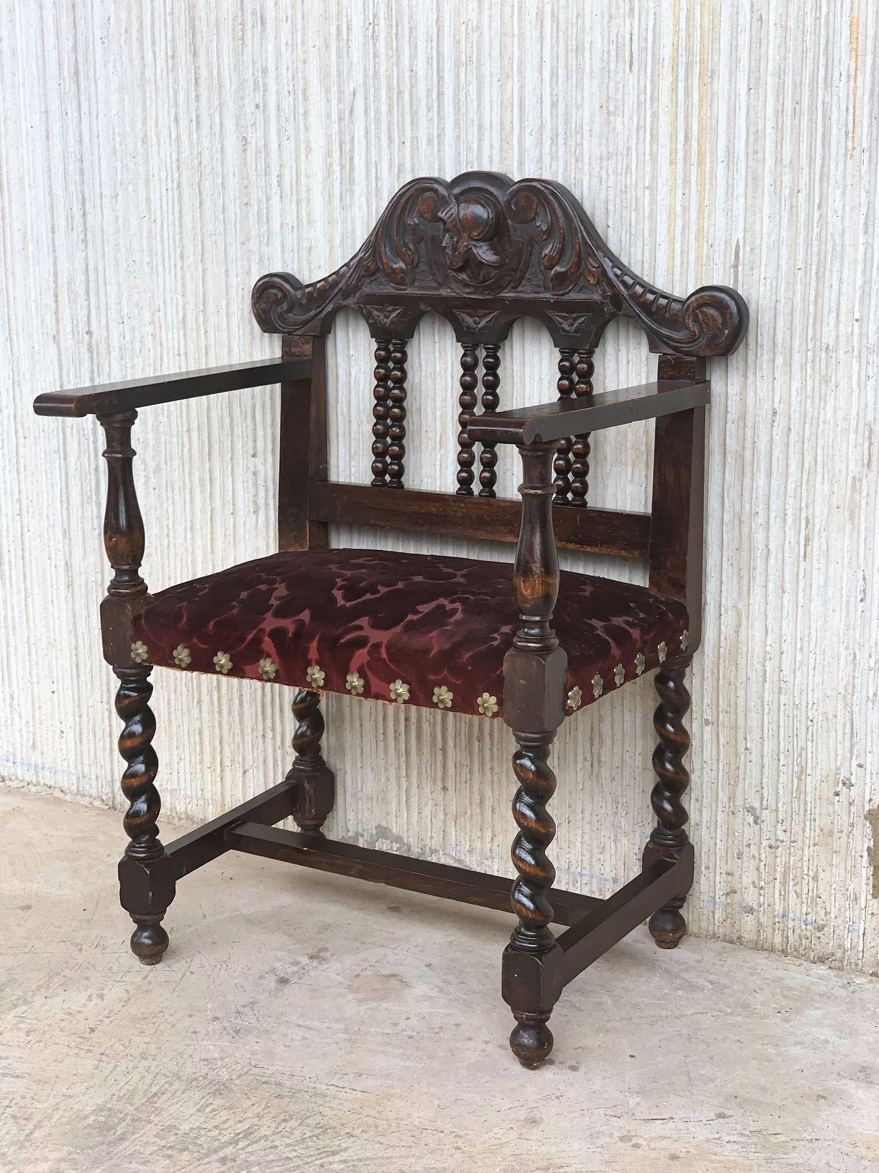 Pair of Spanish Early 18th Century Period Walnut and Upholstered Armchairs 3