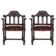 Pair of Spanish Early 18th Century Period Walnut and Upholstered Armchairs