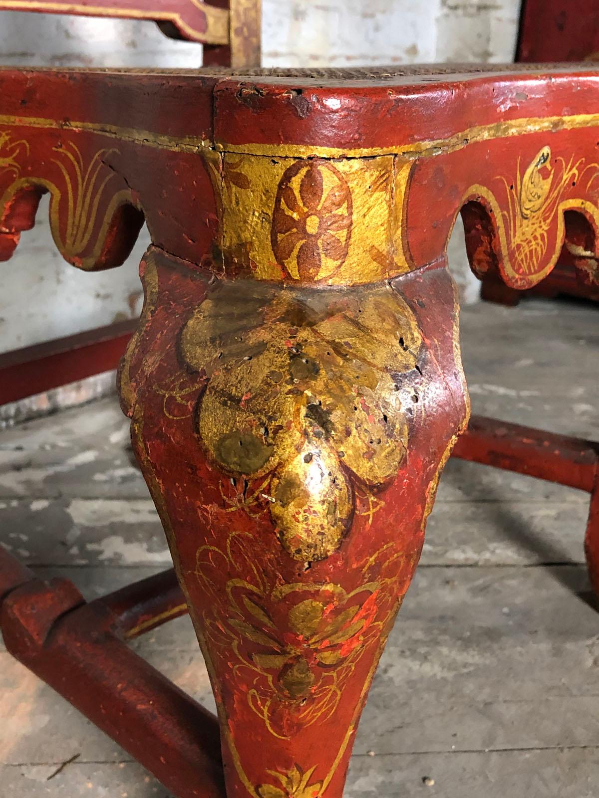 Pair of Spanish Early 18th Century Red Lacquer Chairs in the English Taste For Sale 7