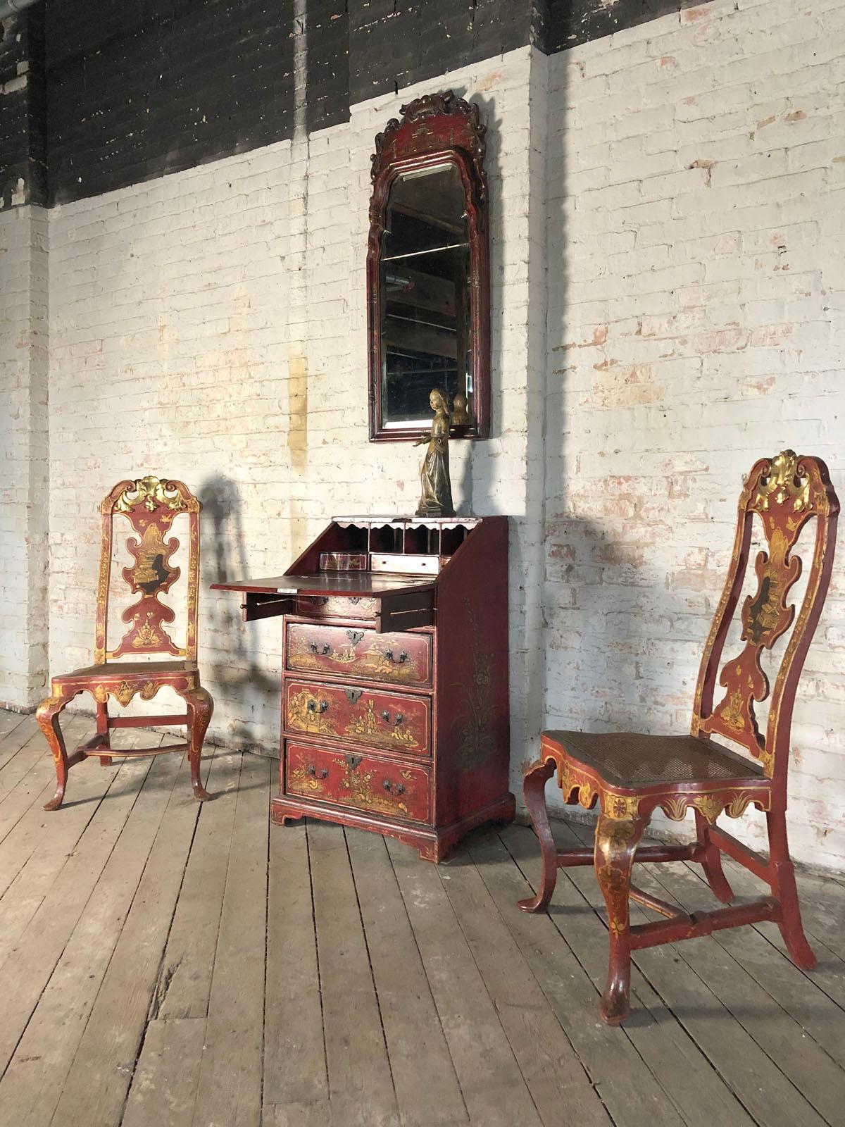 Pair of Spanish Early 18th Century Red Lacquer Chairs in the English Taste For Sale 8