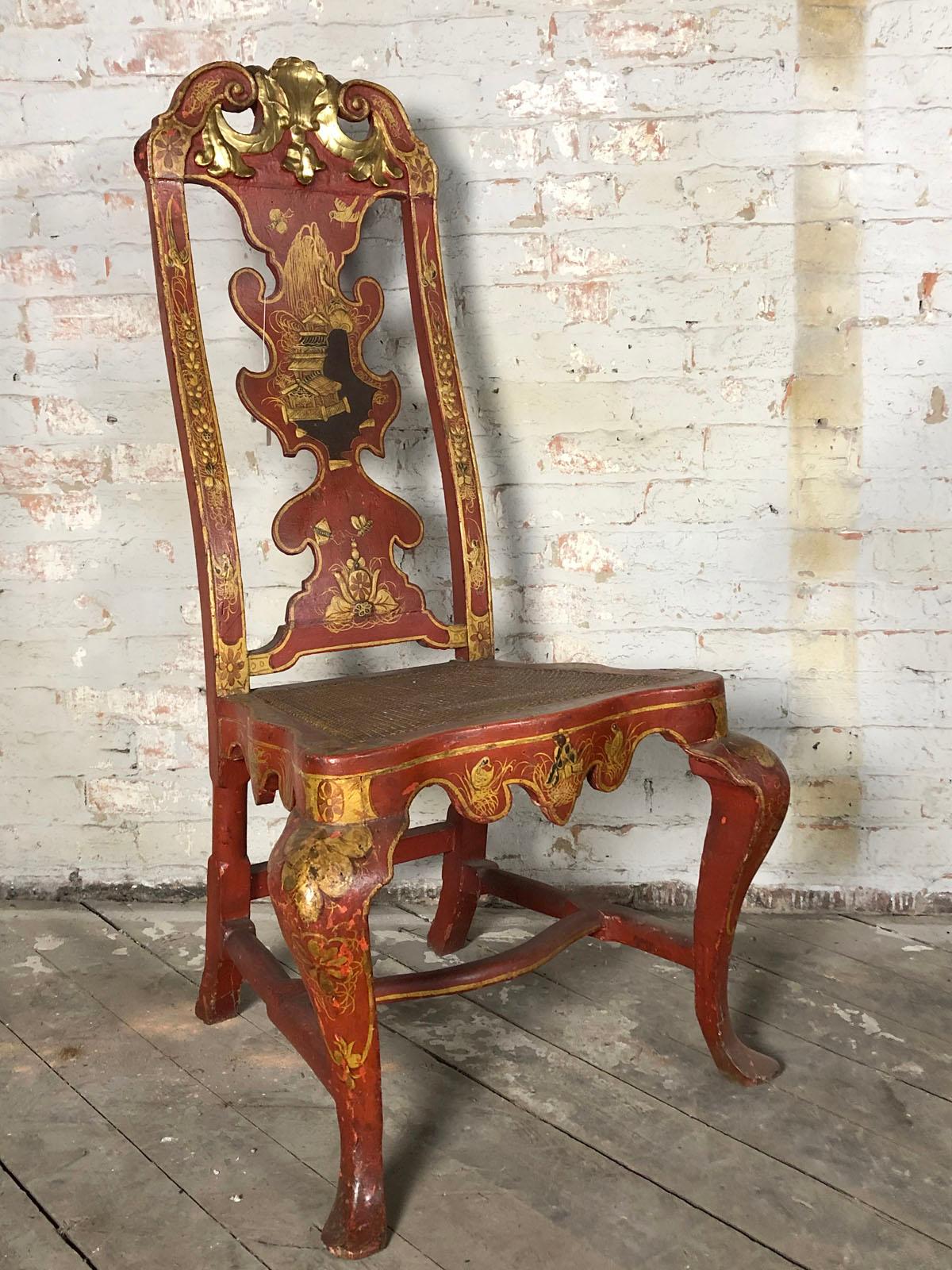 Gilt Pair of Spanish Early 18th Century Red Lacquer Chairs in the English Taste For Sale
