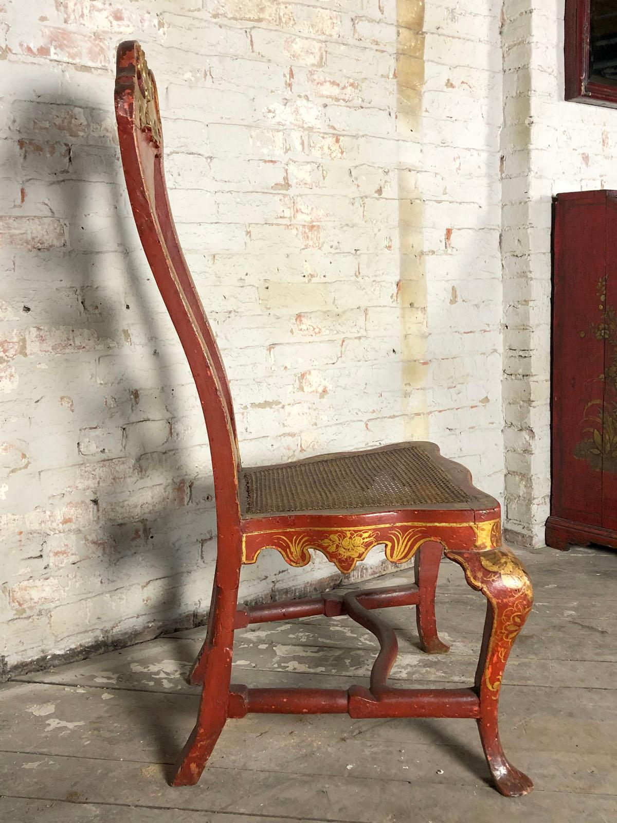 Pair of Spanish Early 18th Century Red Lacquer Chairs in the English Taste In Good Condition For Sale In Troy, NY