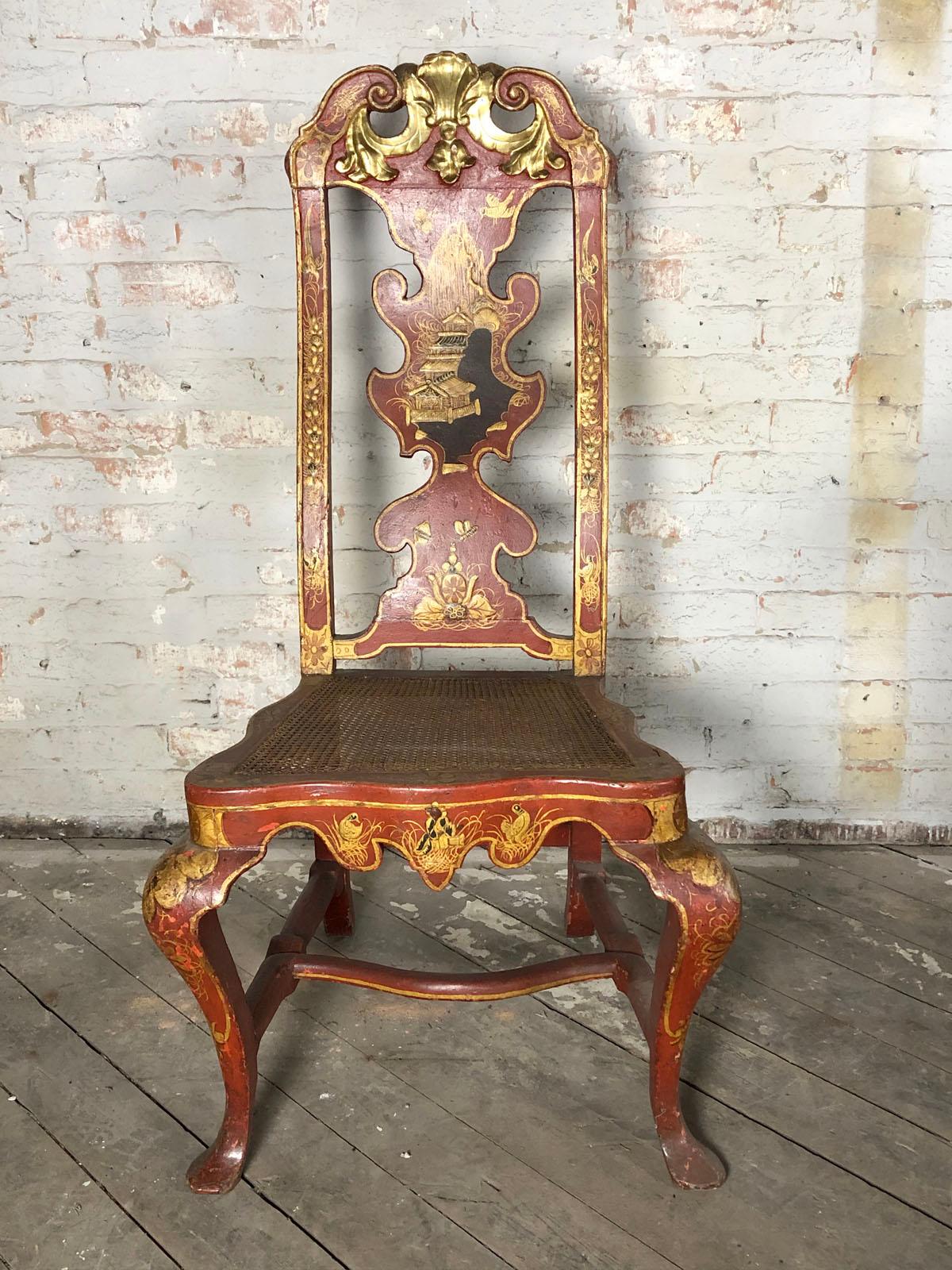 Wood Pair of Spanish Early 18th Century Red Lacquer Chairs in the English Taste For Sale