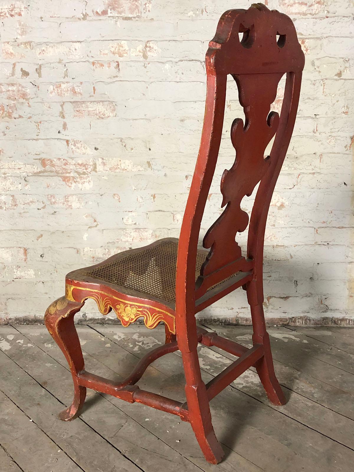Pair of Spanish Early 18th Century Red Lacquer Chairs in the English Taste For Sale 1