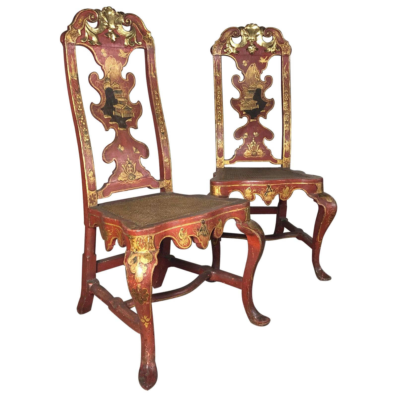 Pair of Spanish Early 18th Century Red Lacquer Chairs in the English Taste For Sale