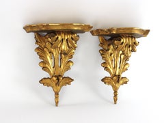 Pair of Spanish Foliage Wall Brackets / Shelves in Carved Giltwood, 1930s