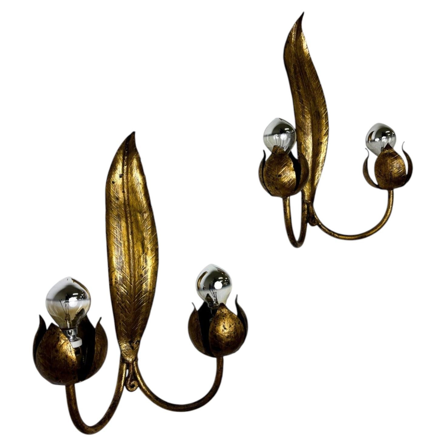 Pair of Spanish Foliage Wall Sconces, Leaf Arms & Bud Shades, Gilt Iron, 1960s