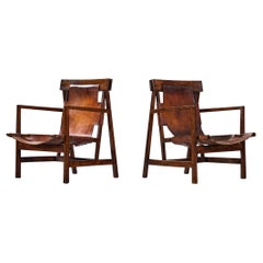 Pair of Spanish Armchairs in Patinated Leather and Walnut