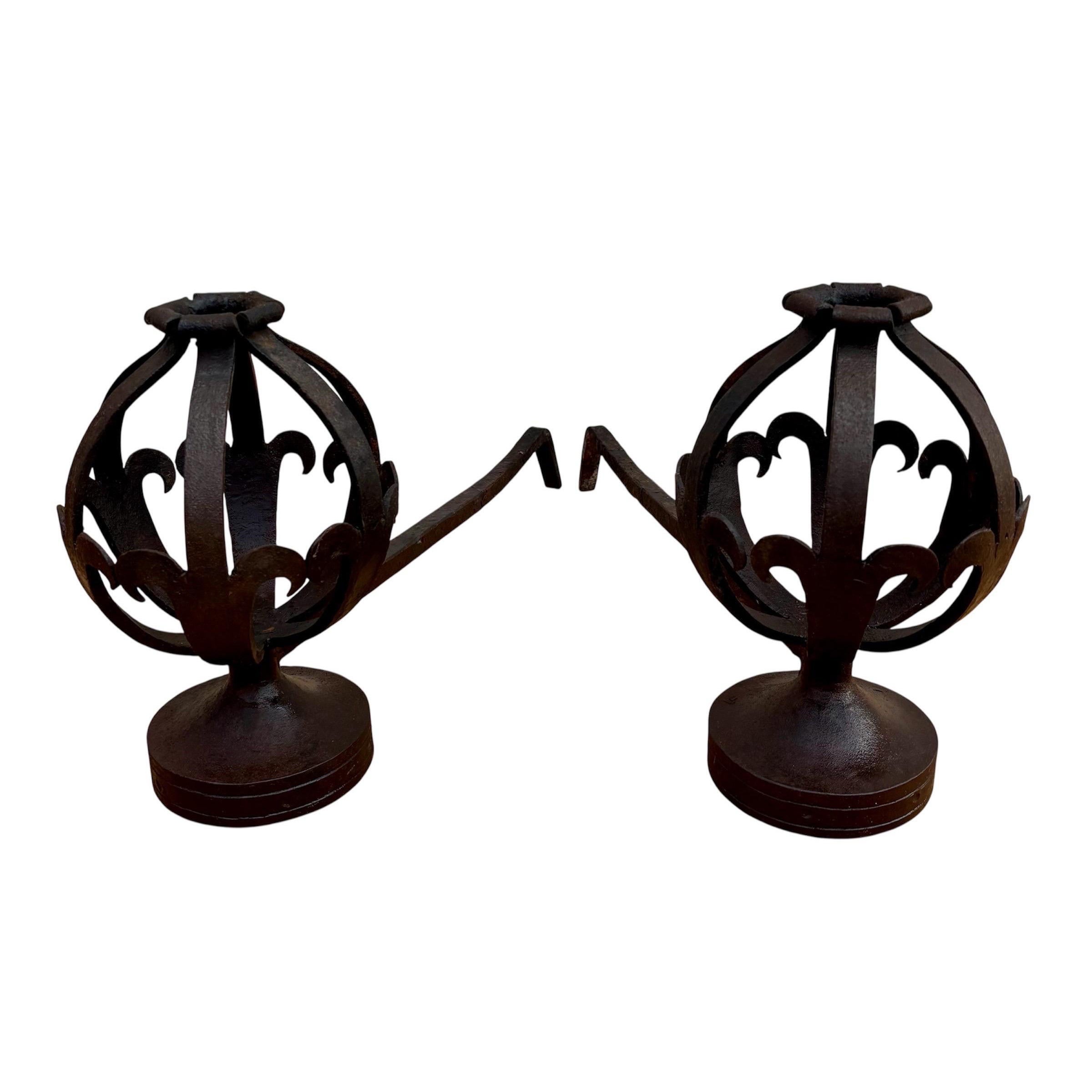 Pair of Spanish Forged-Iron Basket Andirons, circa 1900 For Sale