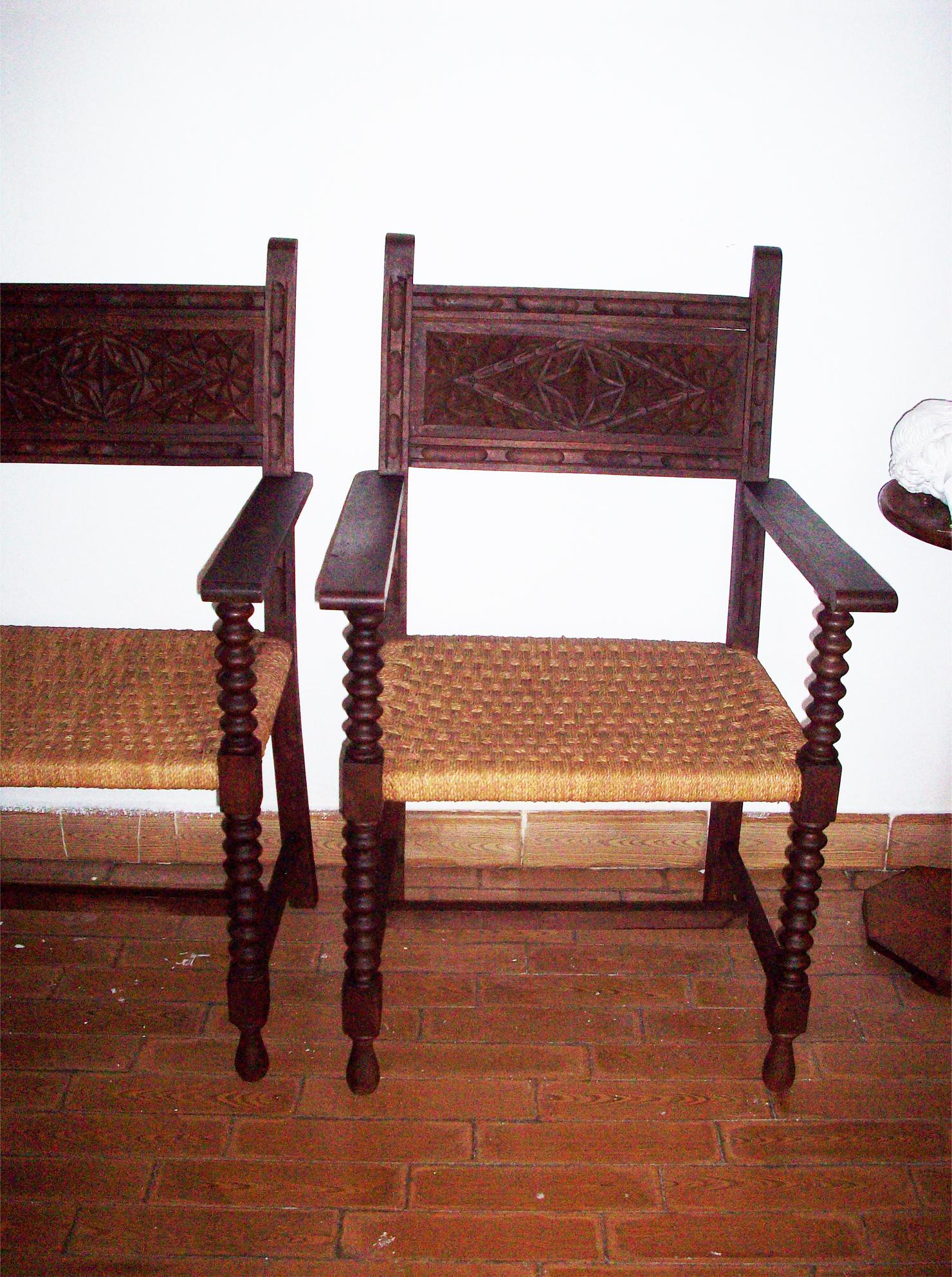 Spanish Colonial Pair  Armchairs of Spanish Friar  Interwoven Rope Turned Oak Wood