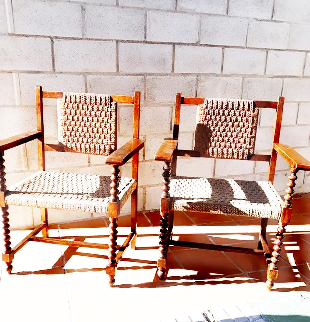 Spanish Colonial Pair of Spanish Friar Armchairs in Turned Oak Wood Interwoven Rope 
