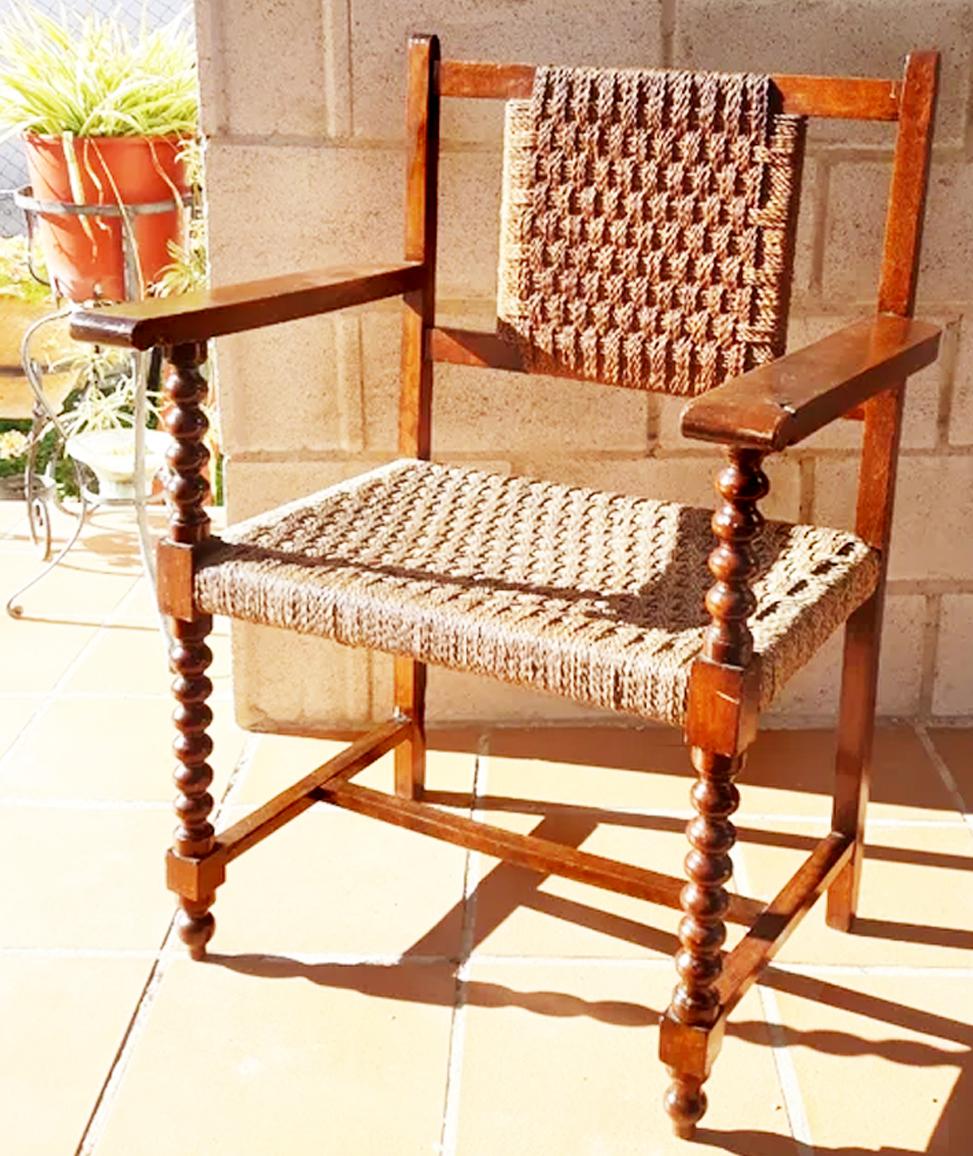 19th Century Pair of Spanish Friar Armchairs in Turned Oak Wood Interwoven Rope 