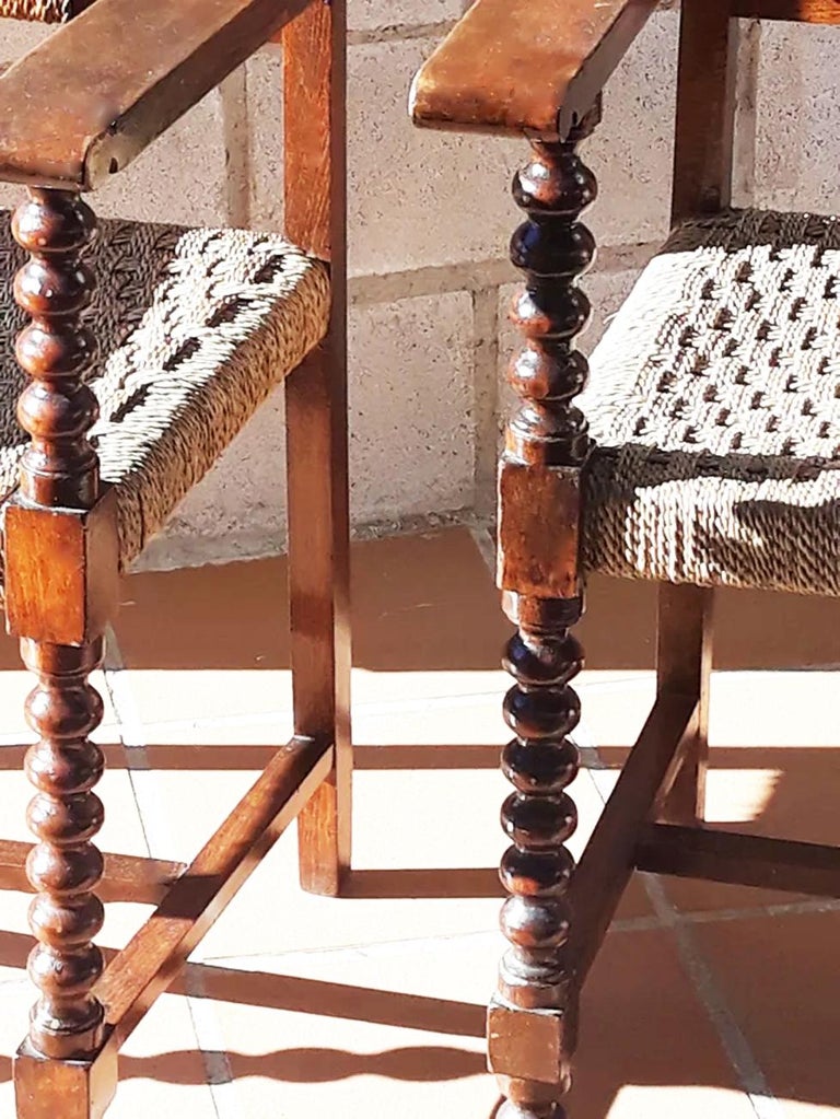 Pair of Spanish Friar Armchairs in Turned Oak Wood Interwoven Rope at ...