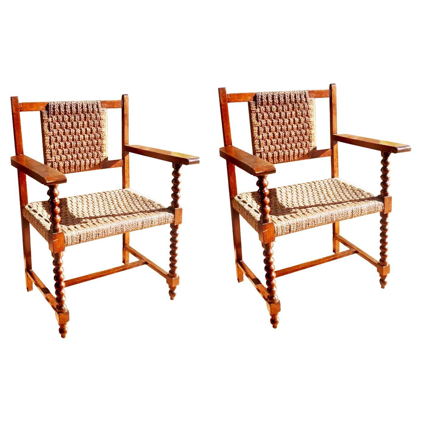 Pair of Spanish Friar Armchairs in Turned Oak Wood Interwoven Rope 