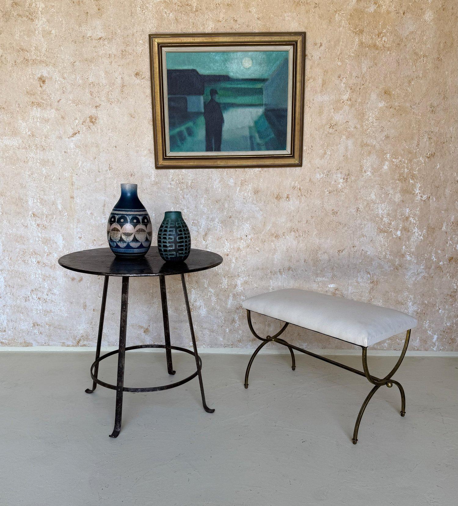Mid-Century Modern Pair of Spanish Gilt Iron Benches in Muslin For Sale