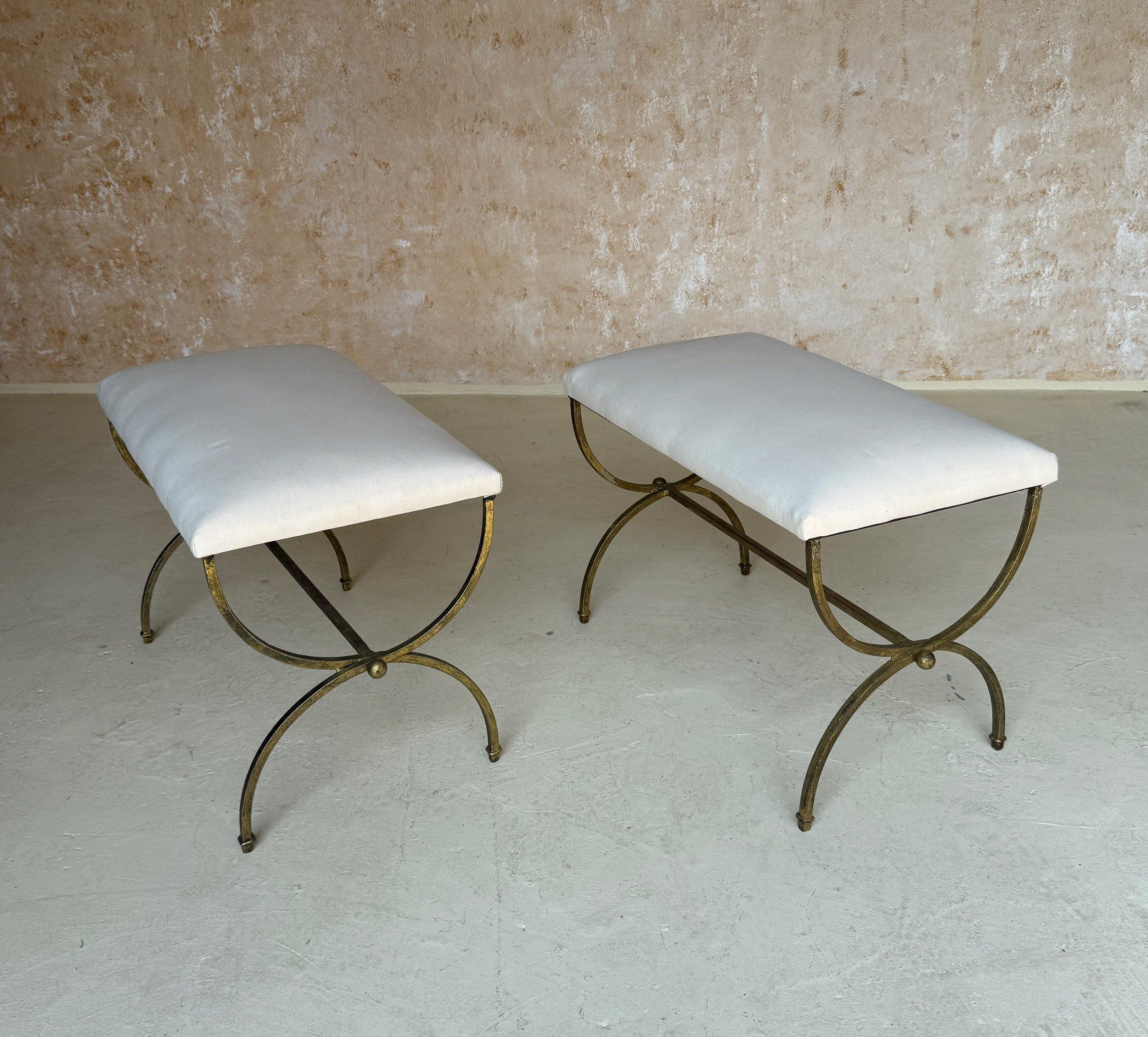 Pair of Spanish Gilt Iron Benches in Muslin For Sale 1