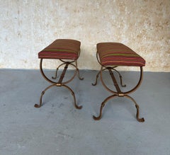 Pair of Spanish Gilt Iron Benches in Striped Fabric