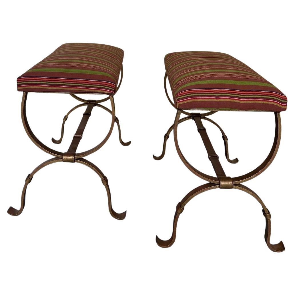 Pair of Spanish Gilt Iron Benches in Striped Fabric