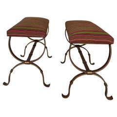 Pair of Spanish Gilt Iron Benches in Striped Fabric
