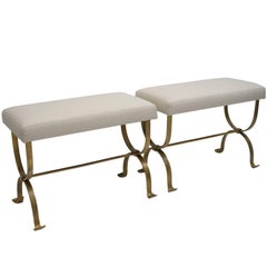 Pair of Spanish Gilt Iron Curule Form Benches with Upholstered Seats, circa 1960