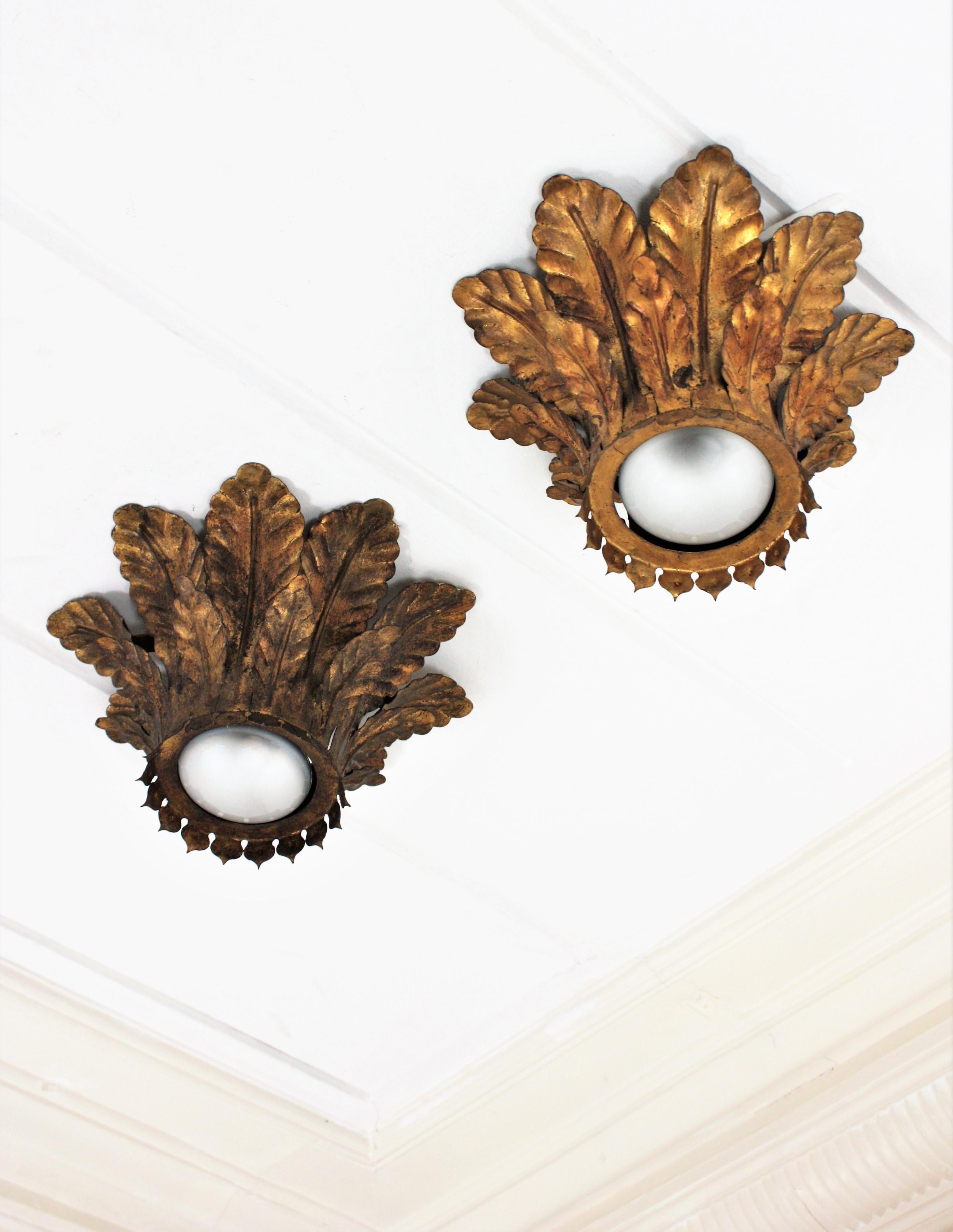 Hammered Pair of Sunburst Crown Ceiling Light Fixtures in Gilt Iron For Sale