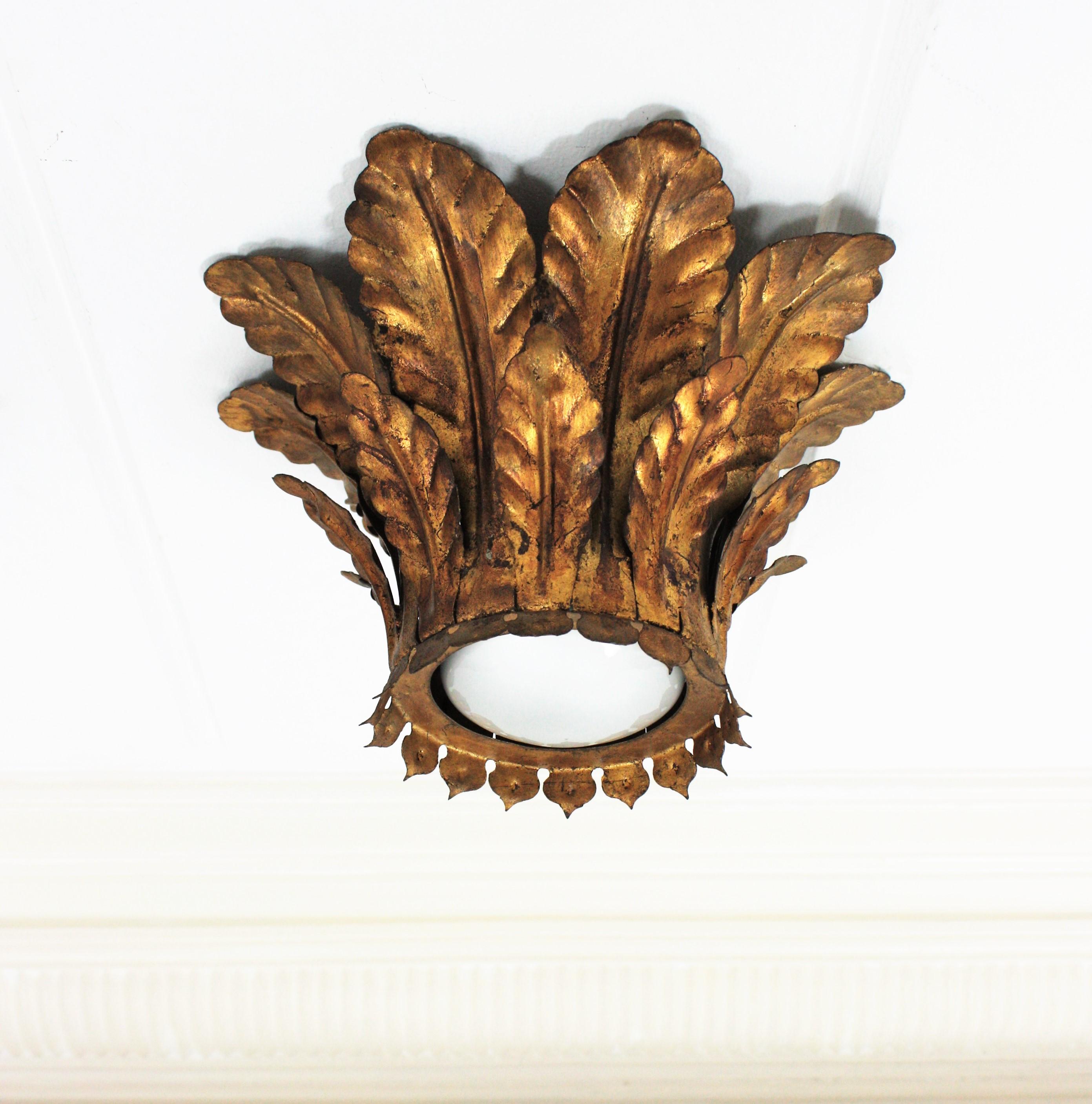 Pair of Sunburst Crown Ceiling Light Fixtures in Gilt Iron In Good Condition For Sale In Barcelona, ES