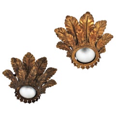 Pair of Sunburst Crown Ceiling Light Fixtures in Gilt Iron