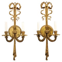 Vintage Pair of Spanish Gilt Metal Wall Sconces with Two Arms and Falling Drape Décor