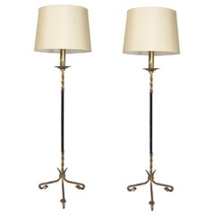Pair of Spanish Gilt Wrought Iron Floor Lamps with Leather Wrapped Stems