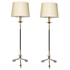 Pair of Spanish Gilt Wrought Iron Floor Lamps with Leather Wrapped Stems