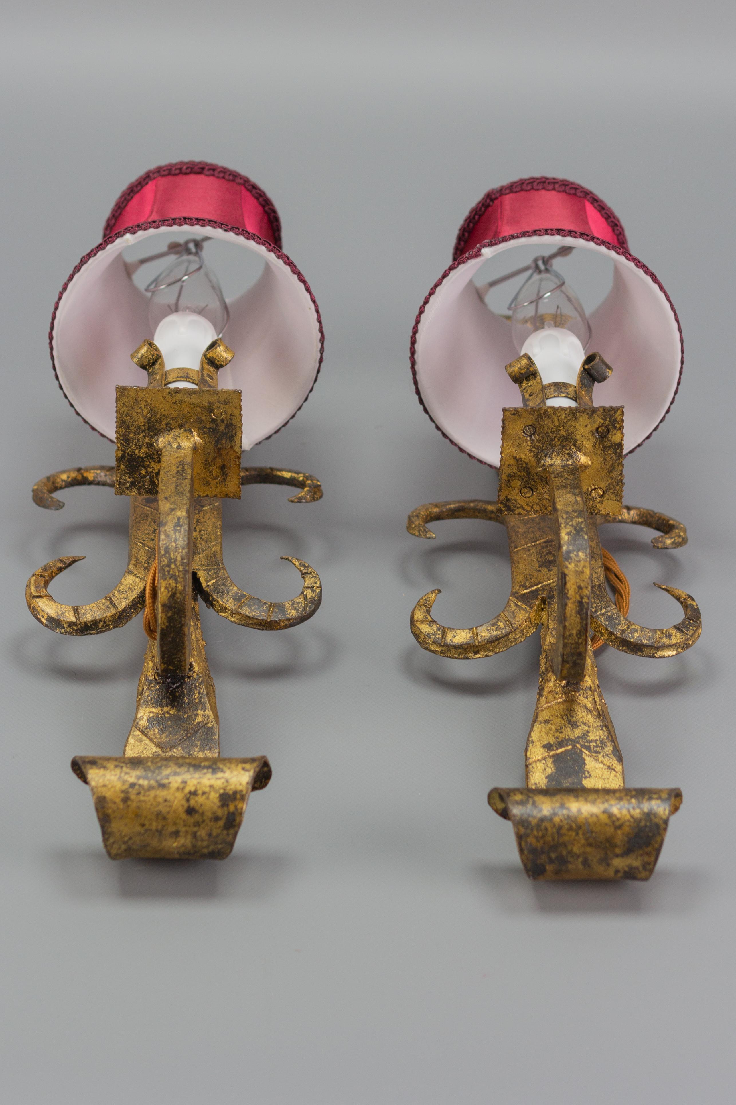 Pair of Spanish Gilt Wrought Iron Sconces For Sale 2