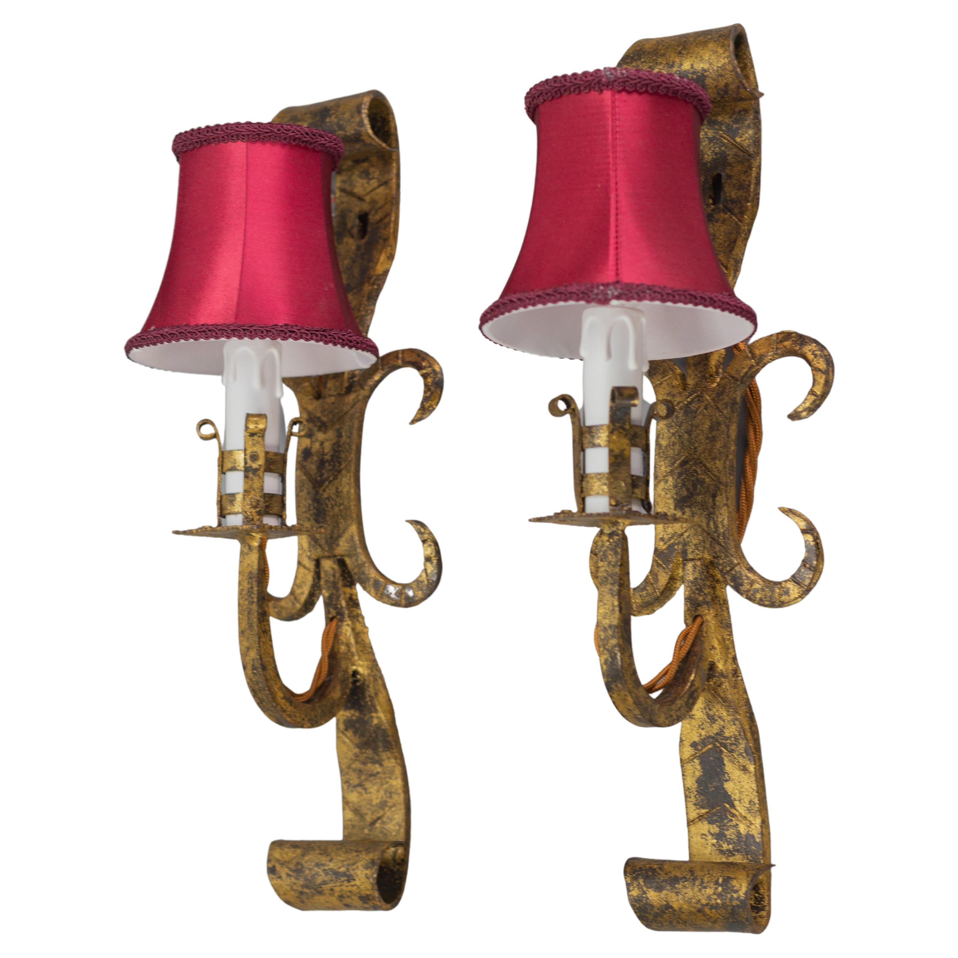 Pair of Spanish Gilt Wrought Iron Sconces For Sale