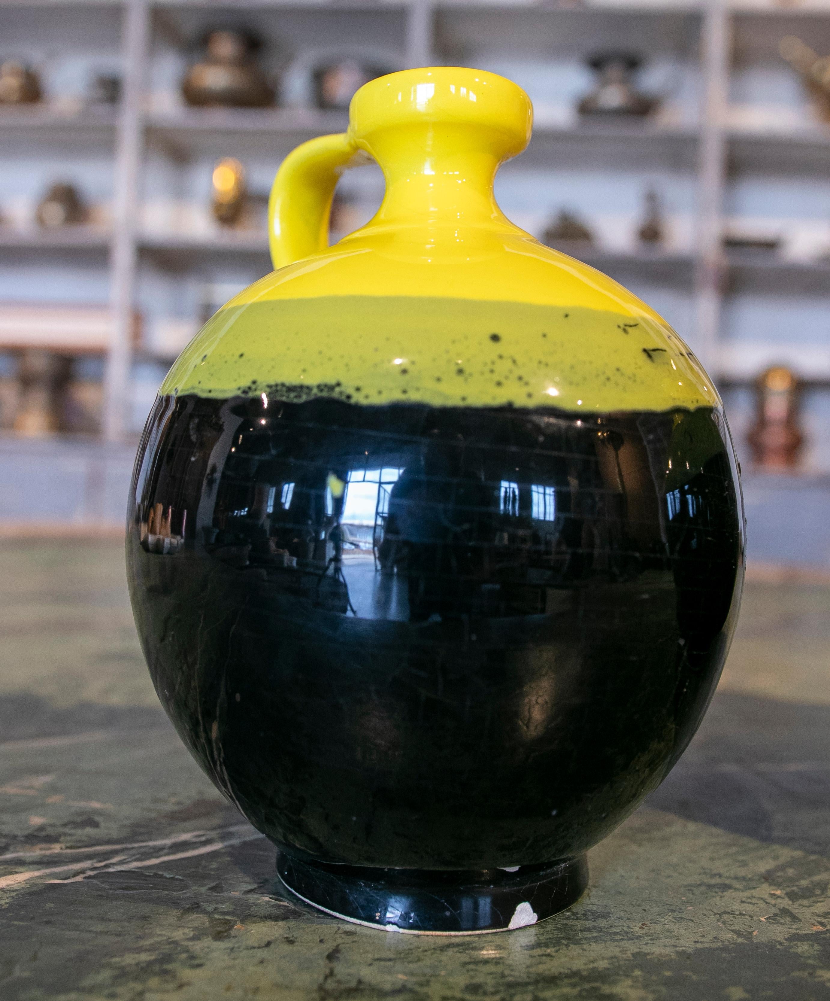 Pair of Spanish Glazed Ceramic Jug with Handle in Tones of Black and Yellow 8