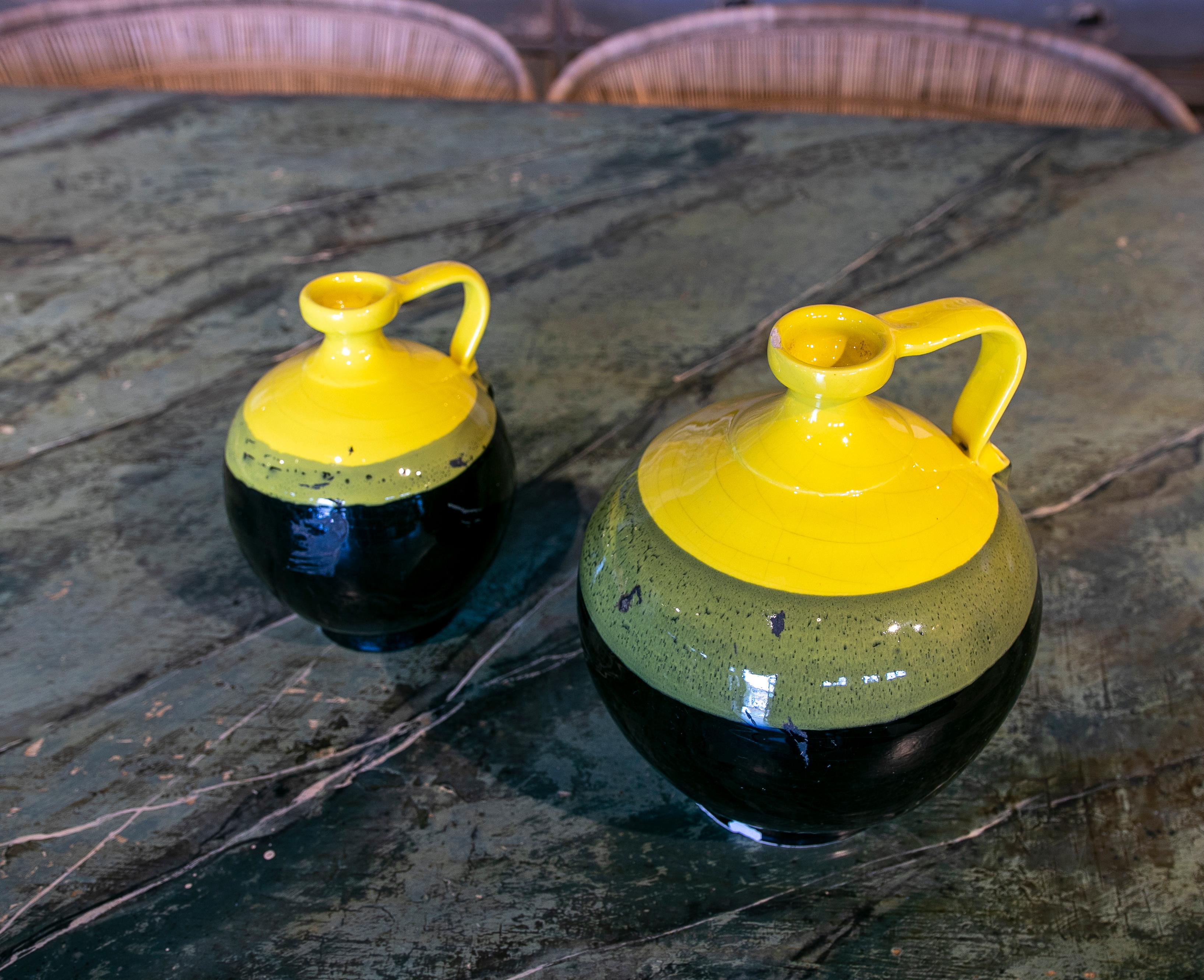 Late 20th Century Pair of Spanish Glazed Ceramic Jug with Handle in Tones of Black and Yellow