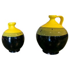 Pair of Spanish Glazed Ceramic Jug with Handle in Tones of Black and Yellow