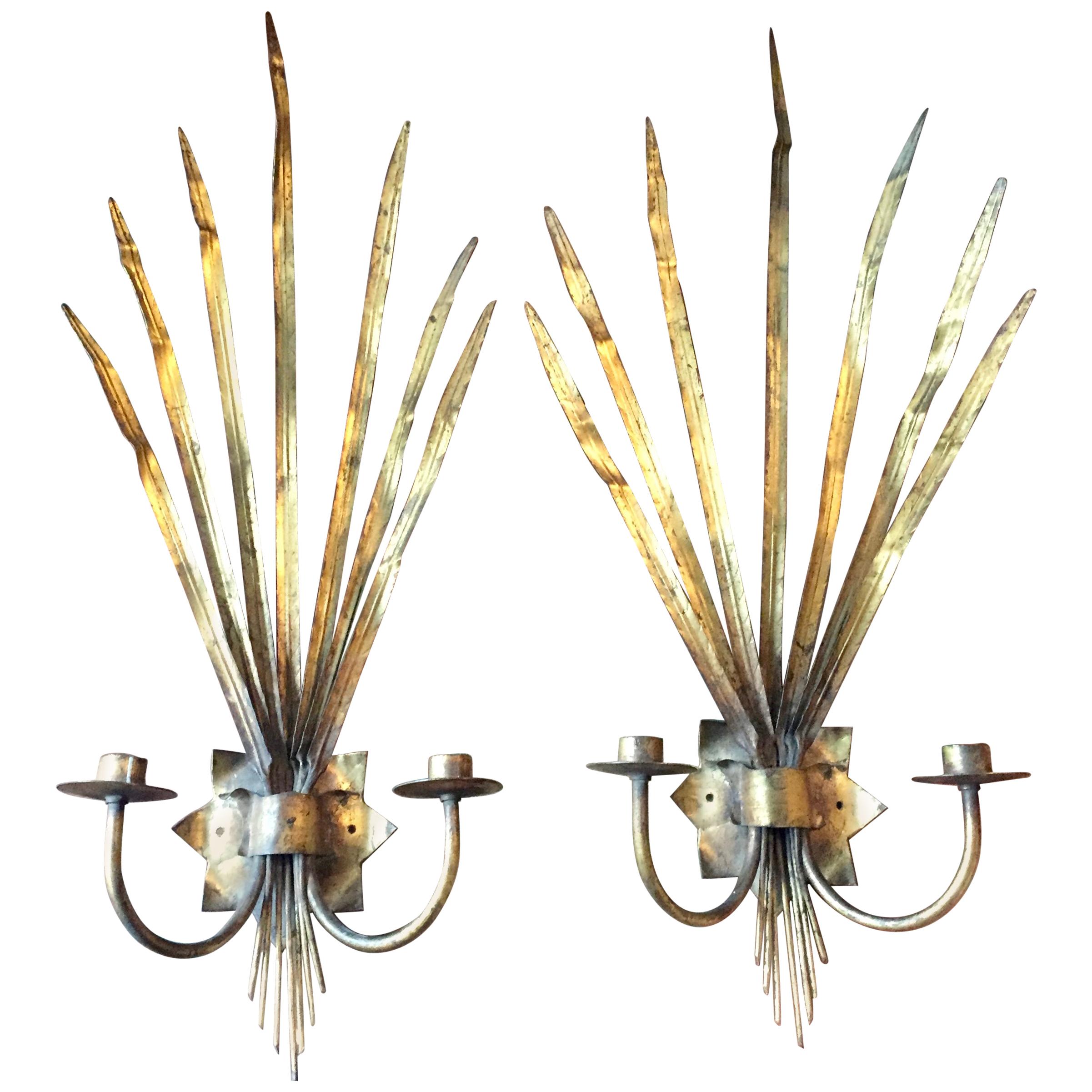 Pair of Spanish Gold Leafed Palm Frown Metal Sconces For Sale