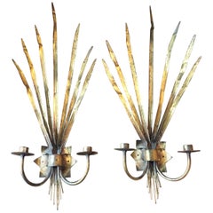 Vintage Pair of Spanish Gold Leafed Palm Frown Metal Sconces