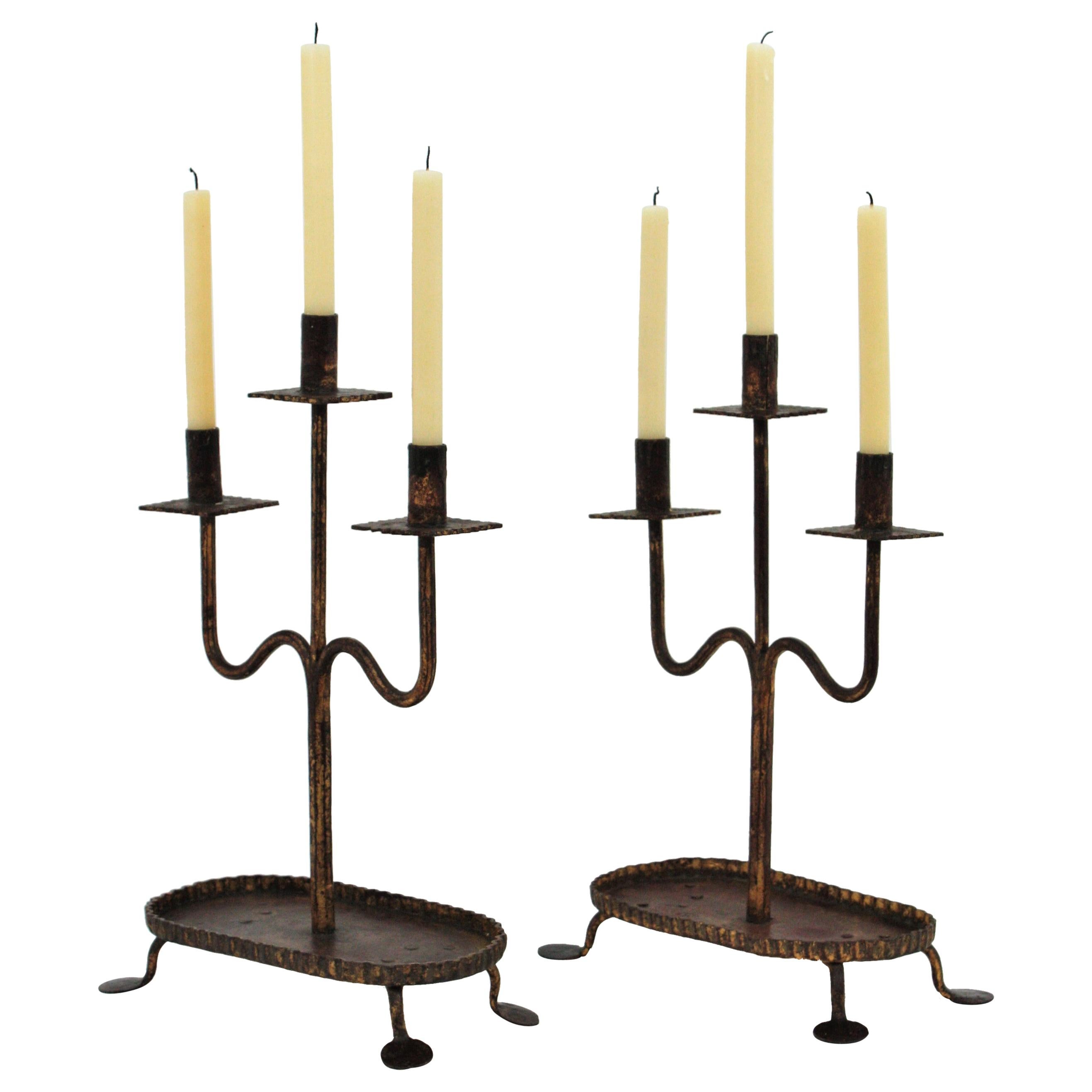 Pair of Spanish Gothic Revival Gilt Wrought Iron Candelabra / Candleholders