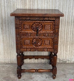 Pair of Spanish Hand Carved Walnut Nightstand with 2 Drawers