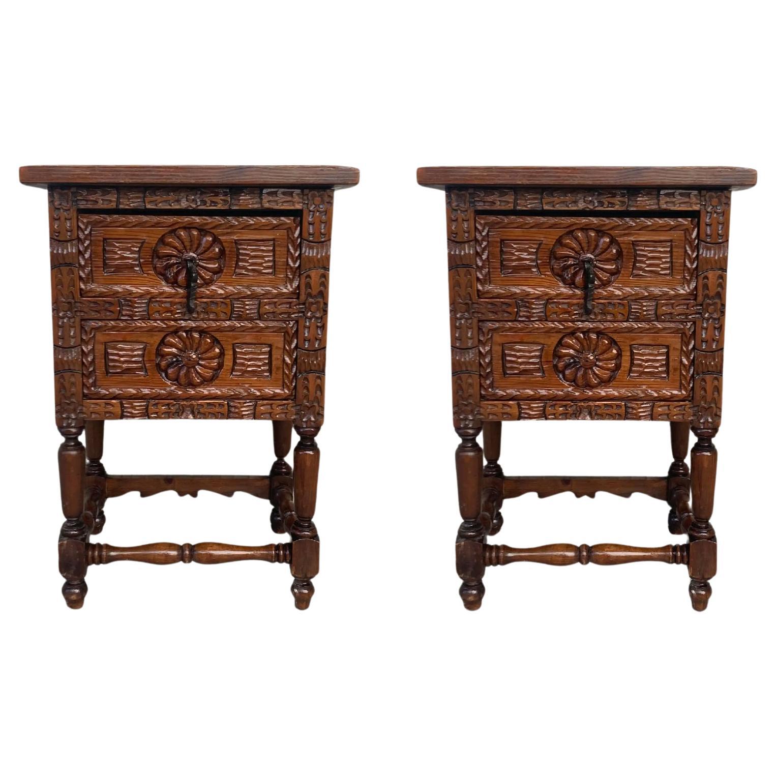 Pair of Spanish Hand Carved Walnut Nightstand with 2 Drawers For Sale